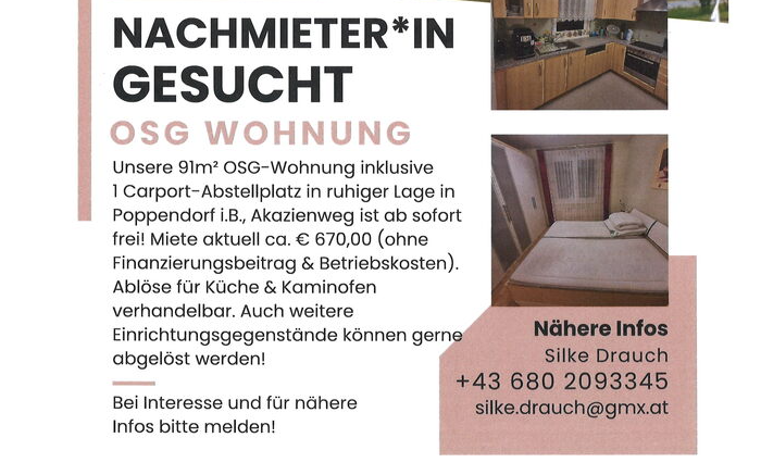 Nachmieter für 91 m² OSG Wohnung gesucht, im Akazienweg in Poppendorf i.B.