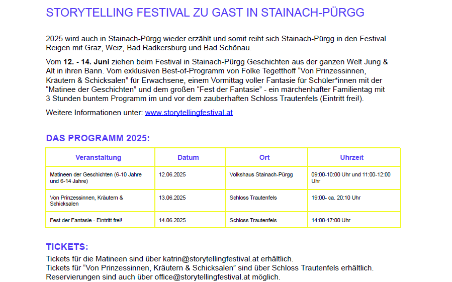 Storytelling Festival im Juni 2025 zu Gast in Stainach-Pürgg