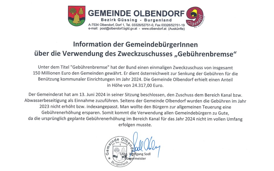 Zweckzuschusses „Gebührenbremse“