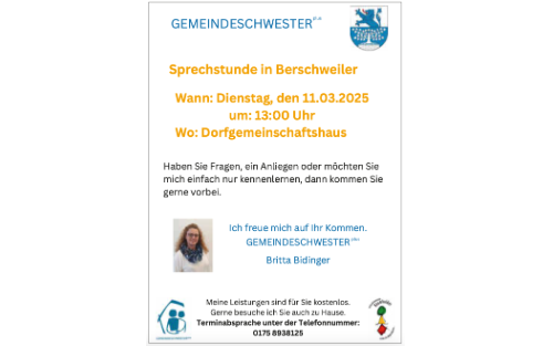 Sprechstunde der Gemeindeschwester plus am 11.03.2025 ab 13:00 Uhr