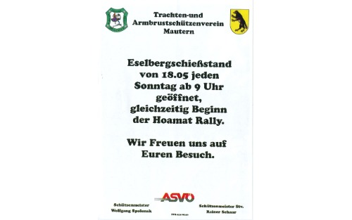 Trachtenverein: Eröffnung Eselbergschießstand, Start Heimatrally