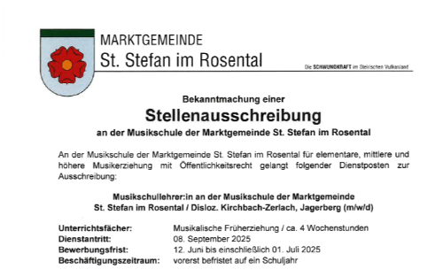 Stellenausschreibung an der Musikschule der Marktgemeinde St. Stefan im Rosental