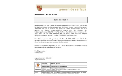 Kundmachung Bebauungsplan - B65 Dorf 29 -Greil