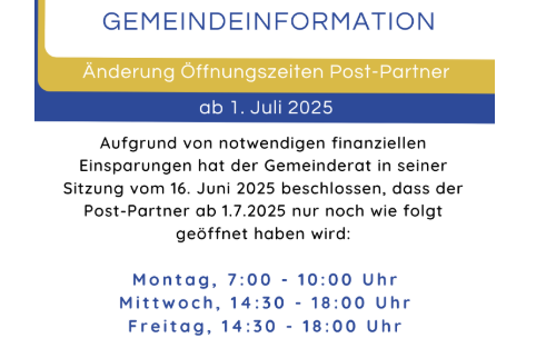 Änderung Öffnungszeiten Post-Partnerstelle ab 1. Juli 2025
