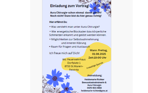 01.08.2025 Vortrag Aura Chirurgie, Rüsthaus Feistritz