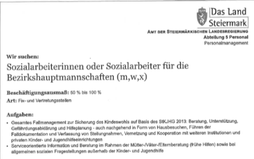 Sozialarbeiterinnen oder Sozialarbeiter für die Bezirkshauptmannschaften