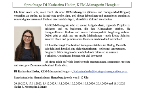 Sprechtage DI Katharina Hader, KEM-Managerin Hengist+