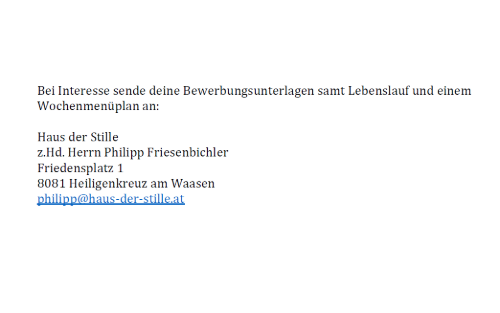 Stellenausschreibung Haus der Stille - Koch/Küchenleitung