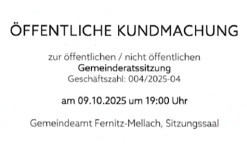 Öffentliche Kundmachung zur Gemeinderatssitzung am 09.10.2025, 19.00 Uhr