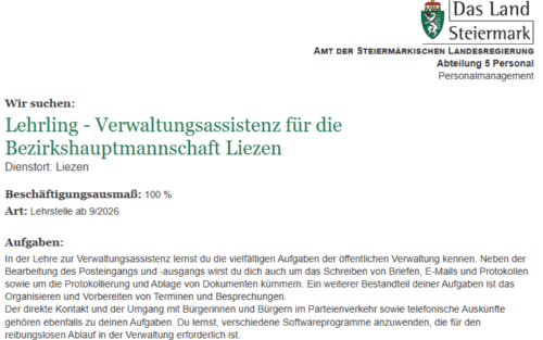Lehrstelle für Verwaltungsassistenz mit Dienstort „Bezirkshauptmannschaft Liezen“ ...