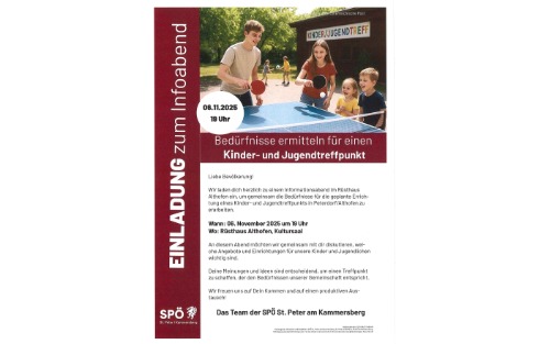 Einladung zum Infoabend - Bedürfnisse ermitteln für einen Kinder- und Jugendtreffpunkt Einladung zum Infoabend - Bedürfnisse ermitteln für einen Kinder- und Jugendtreffpunkt