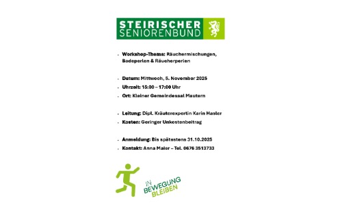 05.11.2025 Steirischer Seniorenbund: Workshop - Räuchermischungen, Badeperlen, Räucherperlen, Kleiner Gemeindesaal