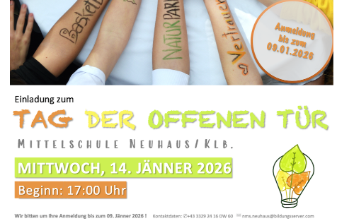 14.01.2026 Tag der offenen Tür in der Mittelschule Neuhaus am Klausenbach, Mittelschule Neuhaus/Klb. 14.01.2026 Tag der offenen Tür in der Mittelschule Neuhaus am Klausenbach, Mittelschule Neuhaus/Klb.