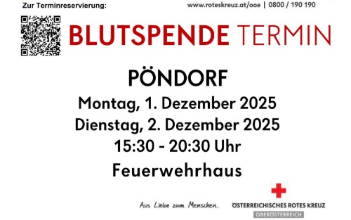 01.12.2025 Blutspendeaktion 01.12 & 02.12.2025, Feuerwehrhaus Pöndorf