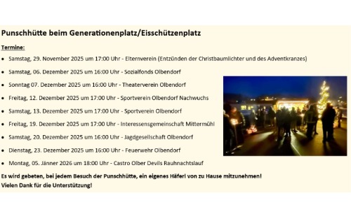 06.12.2025 Termine Punschhütte 2025, Generationenplatz Olbendorf