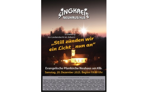 20.12.2025 Einladung zur Liedandacht im Advent, Evangelische Pfarrkirche Neuhaus am Klausenbach