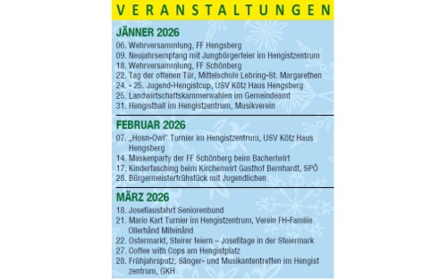 Übersicht unserer Veranstaltungen Jänner 2026 - März 2026