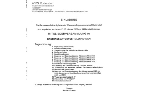 WWG Rudersdorf - Einladung zur Mitgliederversammlung im Gasthaus Antonyus
