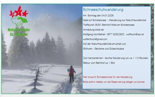 04.01.2026 Naturfreunde St. Michael - Schneeschuhwanderung, Treffpunkt Bahnhof Wald am Schoberpass