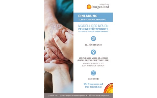 21.01.2026 Einladung zum Informationsabend - Modell der neuen Pflegestützpunkte, Kultursaal Minihof-Liebau (ehem. Gasthof Hirtenfelder)