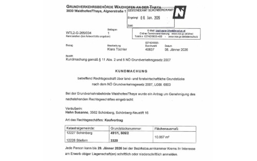 Kundmachung Kaufvertrag KG Stiefern und Schönberg