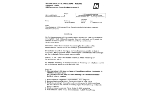 Verordnung Gemeindestraße Kalvarienberg, dauernde Verkehrsmaßnahme