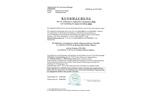 Genossenschaftsjagd Stiefern: Auflegung des Jagdpachtverteilungsplanes 2026 und Auszahlung des Jagdpachtschillings 2026