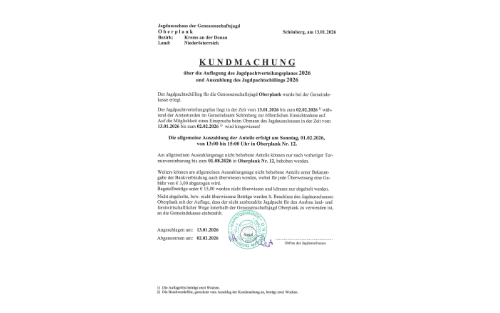 Genossenschaftsjagd Oberplank: Auflegung des Jagdpachtverteilungsplanes 2026 und Auszahlung des Jagdpachtschillings 2026