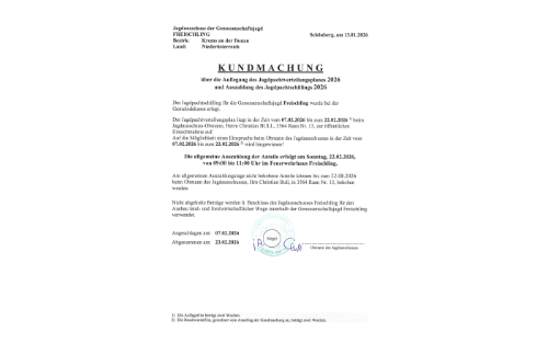 Genossenschaftsjagd Freischling: Auflegung des Jagdpachtverteilungsplanes 2026 und Auszahlung des Jagdpachtschillings 2026