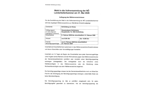 Wahl in die Vollversammlung der NÖ Landarbeiterkammer am 31. Mai 2026