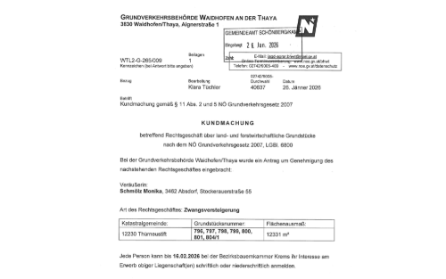 Kundmachung Kaufvertrag KG Thürneustift