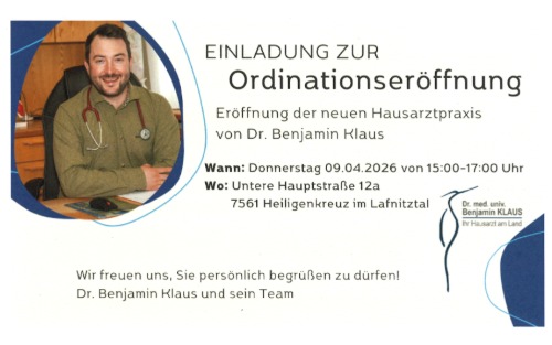 Einladung zur Ordinationseröffnung am 09.04.2026