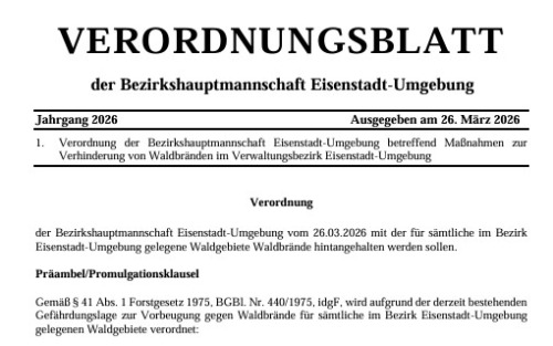 Waldbrandgefahr 2026 - Verordnung gemäß Forstgesetz 1975