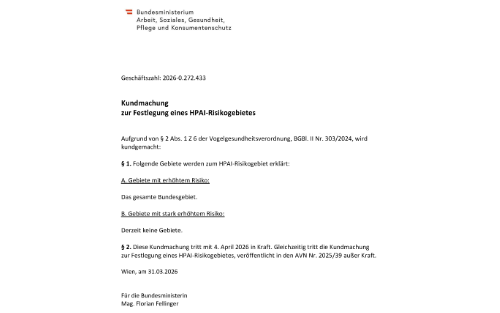 Kundmachung zur Festlegung eines HPAI-Risikogebietes