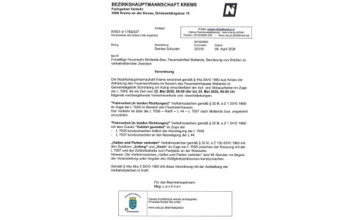 Verkehrsbeschränkungen anlässlich der Abhaltung des Feuerwehrfestes in Mollands auf der L7005