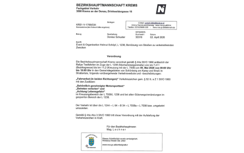 Verkehrsbeschränkungen anlässlich der Abhaltung von Rallye Testfahrten  auf der L1238