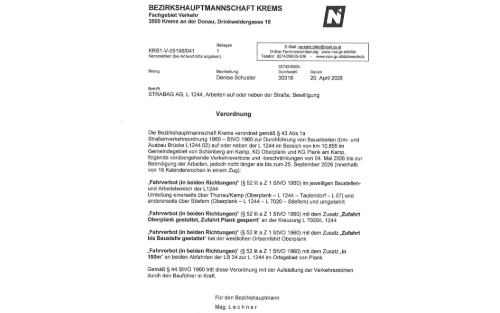 Verkehrsbeschränkungen anlässlich der Durchführung von Bauarbeiten auf der L 1244 in Schönberg, KG Plank und KG Oberplank