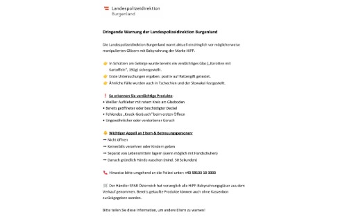 Dringende Warnung der Landespolizeidirektion Burgenland - Manipulierte HIPP Gläser