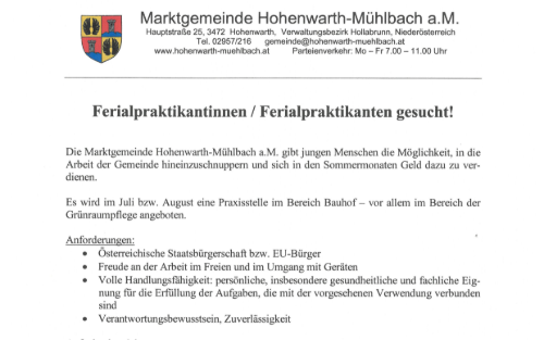 MG Hohenwarth-Mühlbach a. M. - FerialpraktikantInnen für Bauhof gesucht!