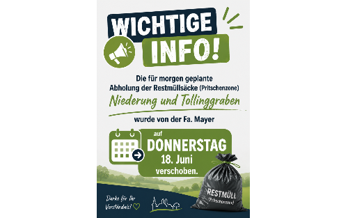 Die Abholung der Restmüllsäcke (Pritschenzone) wird auf Donnerstag, 18. Juni verschoben