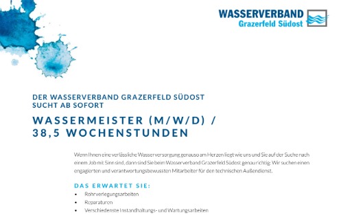 Stellenausschreibung - Wassermeister - Wasserverband Grazerfeld Südost