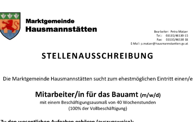 Stellenausschreibung - Mitarbeiter*in für das Bauamt Hausmannstätten