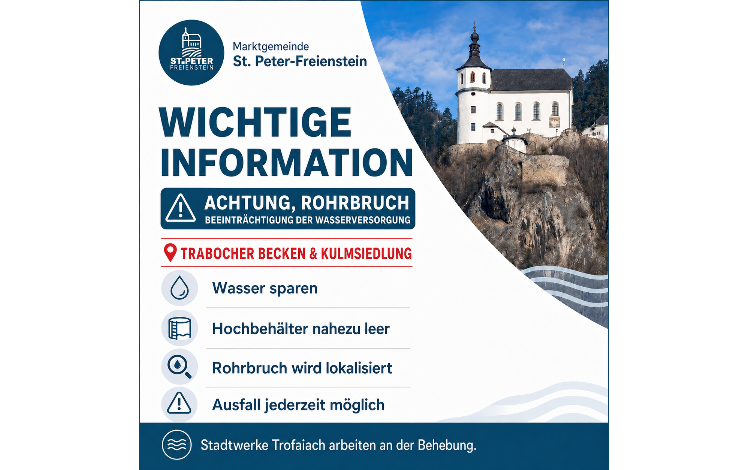 Achtung, Rohrbruch: Wasserausfall im Trabocher Becken und in der Kulmsiedlung