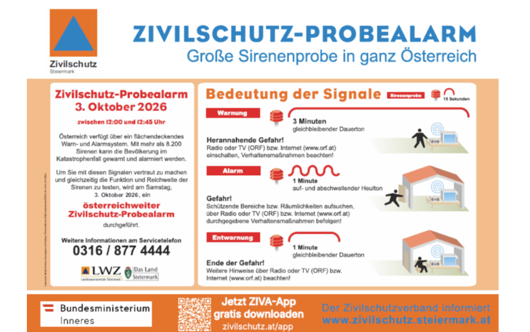 ! Zivilschutz-Probealarm in ganz Österreich - am 3. Oktober 2026 zwischen 12:00 und 12:45 Uhr !