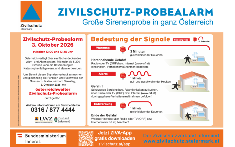 Zivilschutz-Probealarm am 3. Oktober 2026