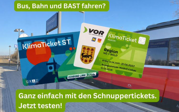KlimaTicket ST und Region NÖ+BGLD vor Zug und Bahnhof Jennerndorf