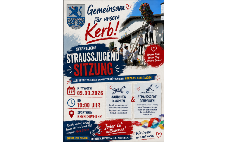 Öffentliche Sitzung der Straußjugend am 09.09.2026 um 19:00 Uhr im Sportheim