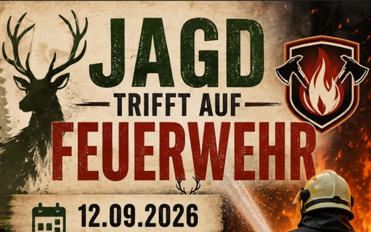 Jagd trifft auf Feuerwehr: Plakat mit Hirsch, Feuerwehraxt-Logo und Datum 12.09.2026