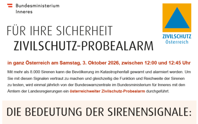 Zivilschutz-Probealarm am Sa, 3. Oktober 2026