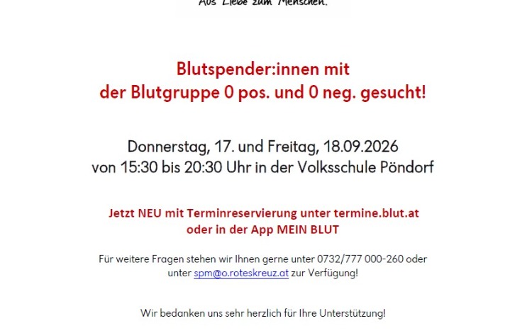 Blutspende 0 pos. und 0 neg. gesucht in der Volksschule Pöndorf am 17. und 18.09.2026